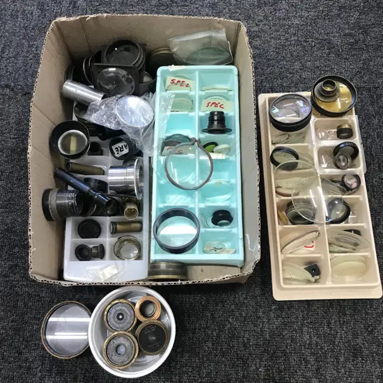 BOX OF MICROSCOPE AND OTHER LENSES
